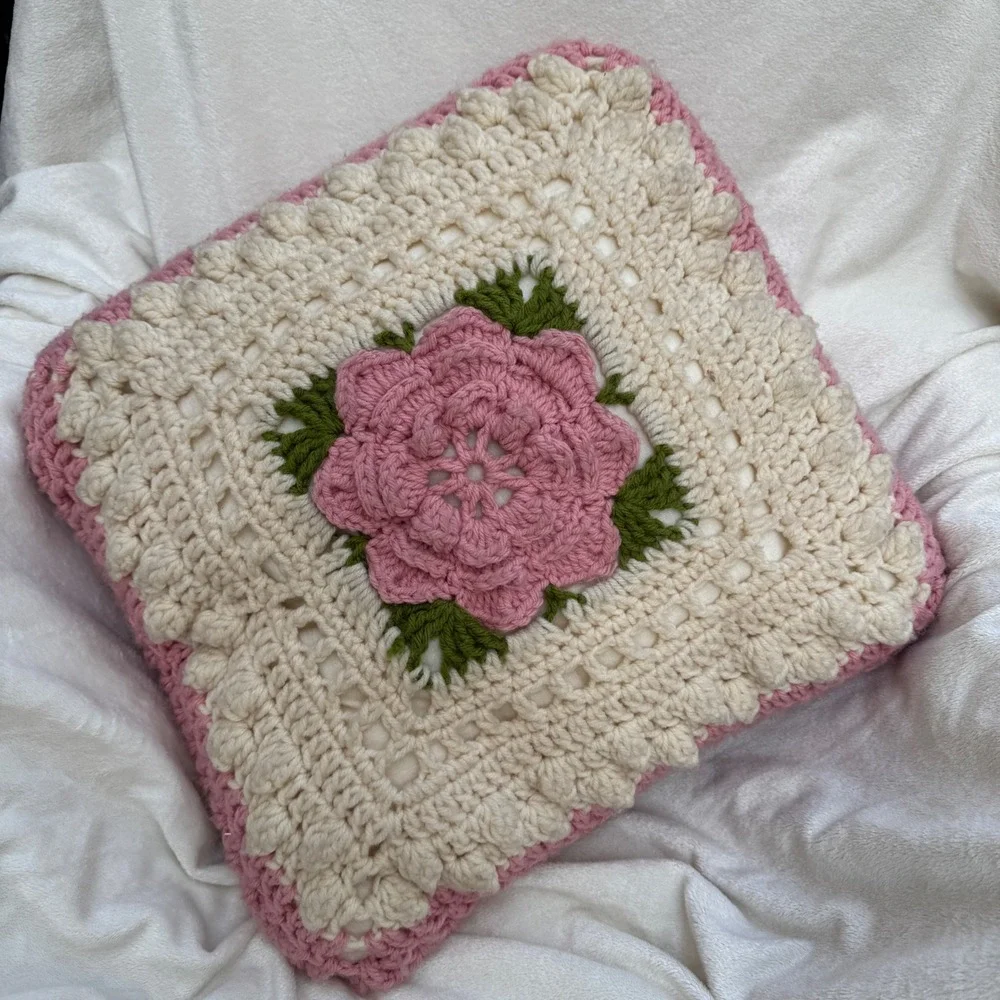 Handmade Crochet Rose Throw Pillow 15x15 Pink Cream Vintage Cottage 3D Floral